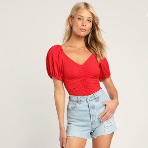 ❤️ NWT Lulus Red Ruched Puff Sleeve Bodysuit